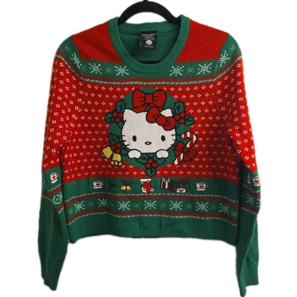 Sanrio Hello Kitty Holiday Christmas Wreath Girls Sweater Size XL Red Green